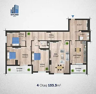 Satılır 4 otaqlı mənzil 153.3 m²