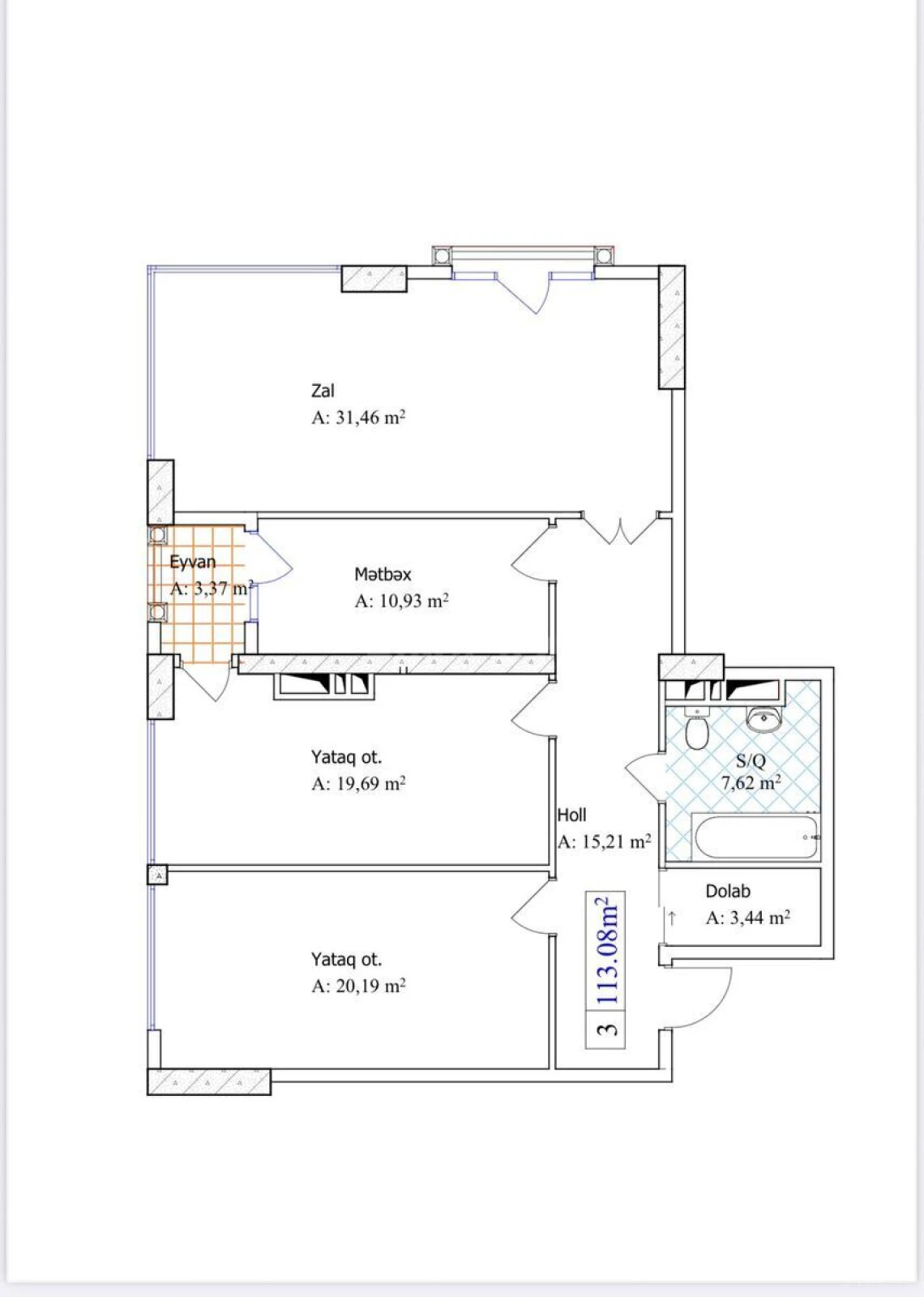 Satılır 3 otaqlı mənzil 113 m²