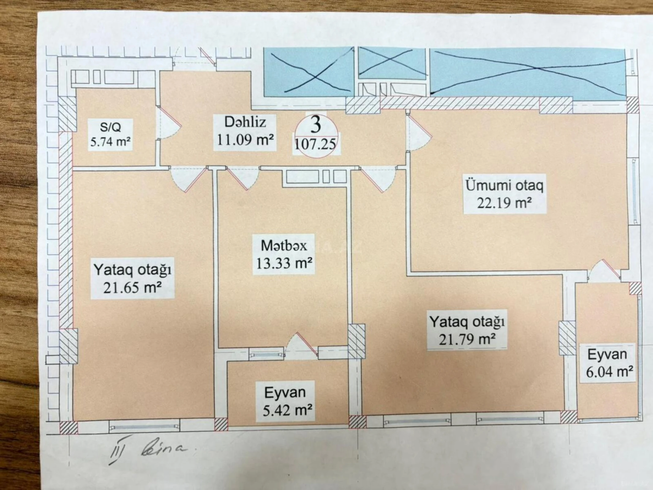 Satılır 3 otaqlı mənzil 107.2 m²