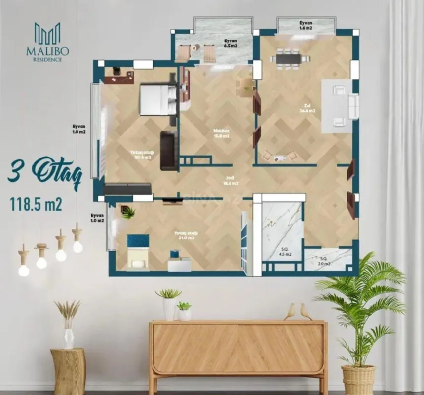 Satılır 3 otaqlı mənzil 118 m²