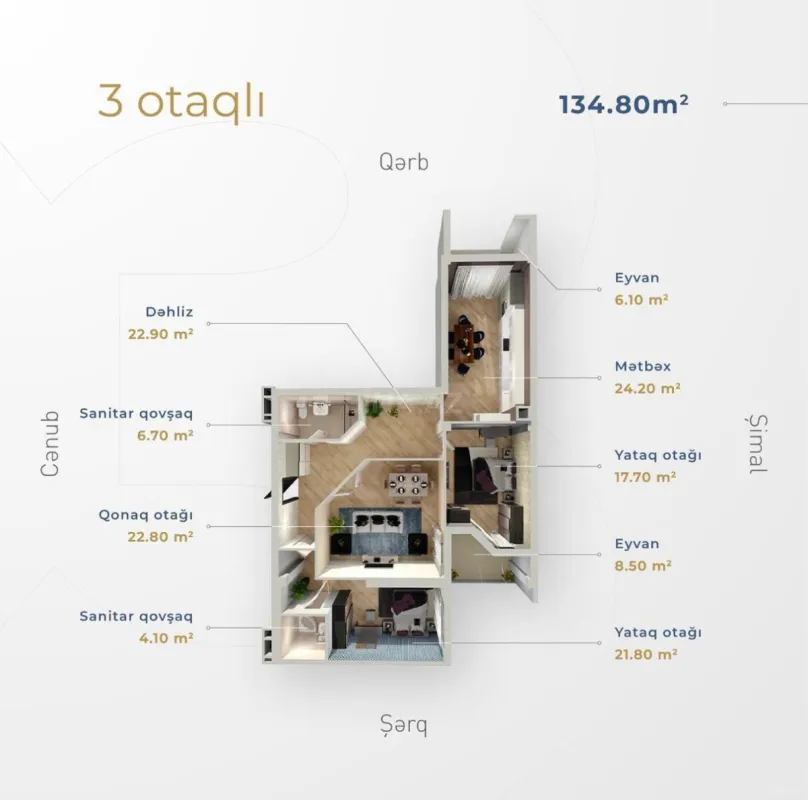 Satılır 3 otaqlı mənzil 134.8 m²