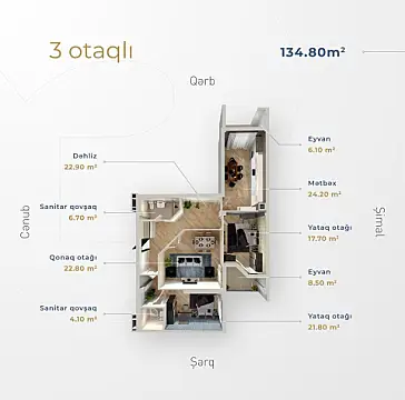 Satılır 3 otaqlı mənzil 134.8 m²