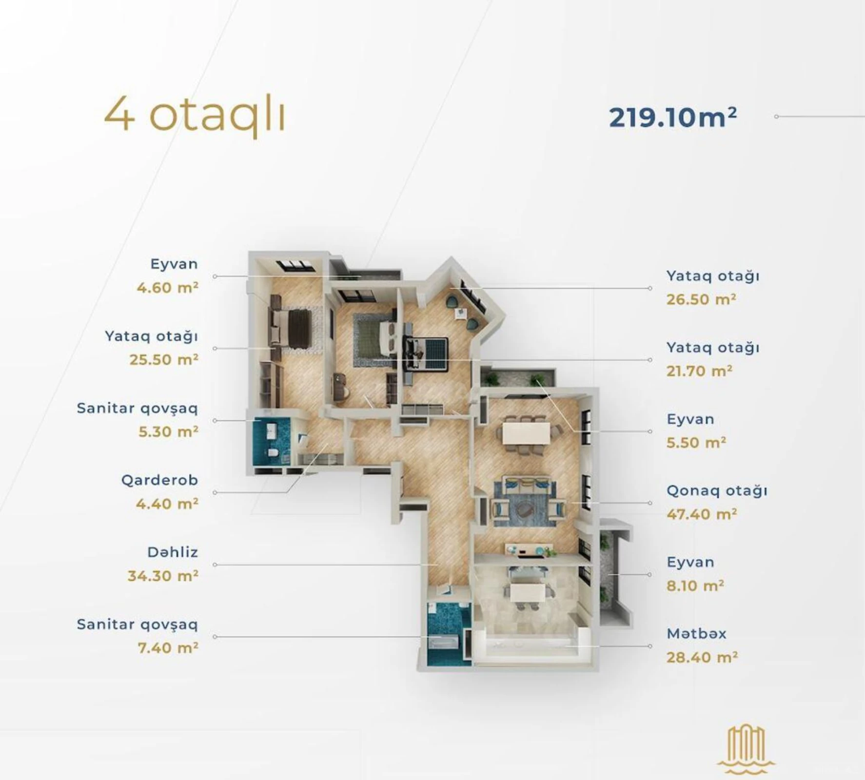 Satılır 4 otaqlı mənzil 219.1 m²