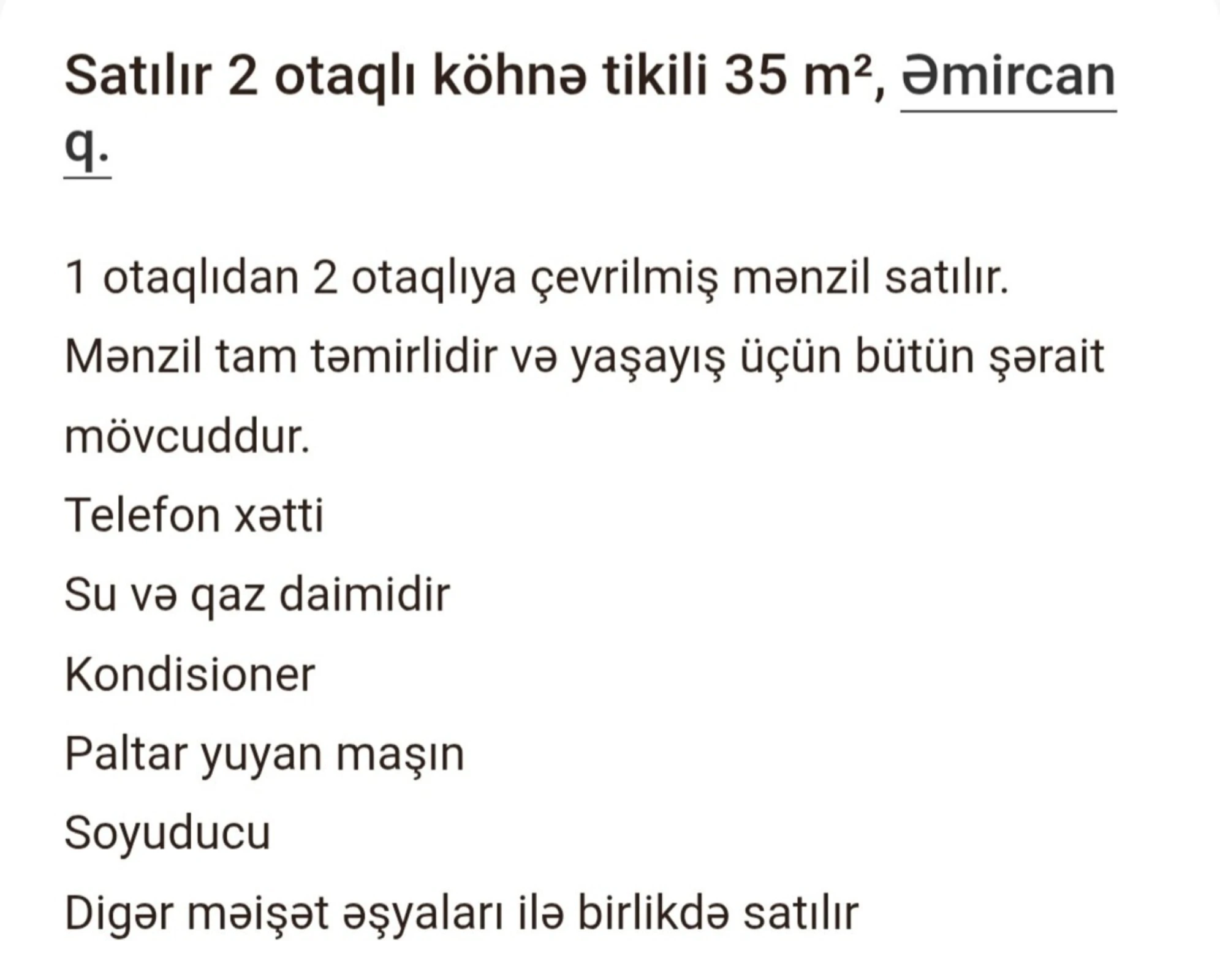 Satılır 2 otaqlı mənzil 45 m²