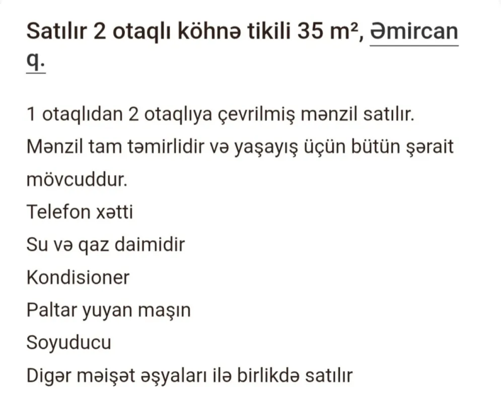 Satılır 2 otaqlı mənzil 45 m²