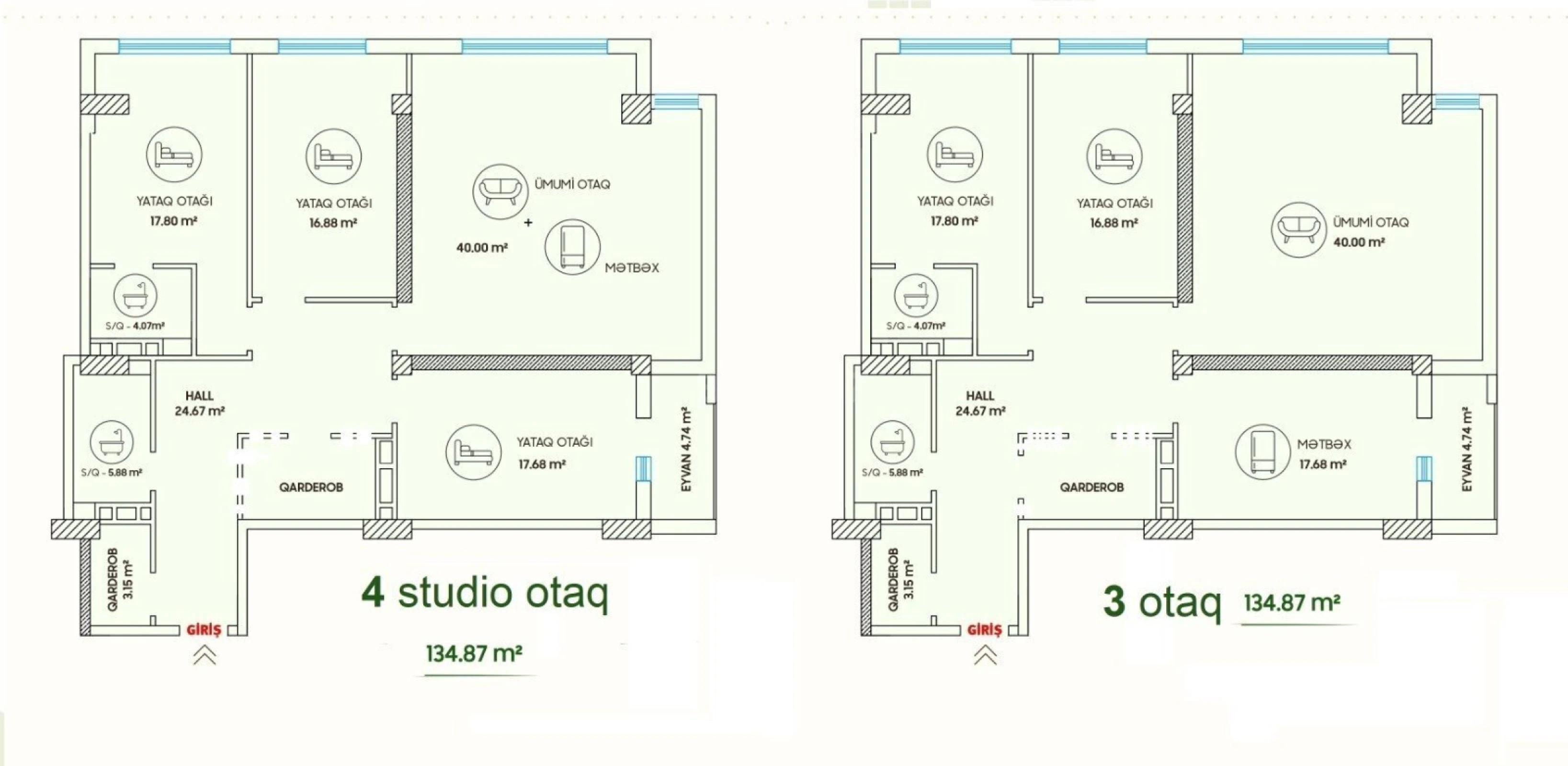 Satılır 4 otaqlı mənzil 135 m²