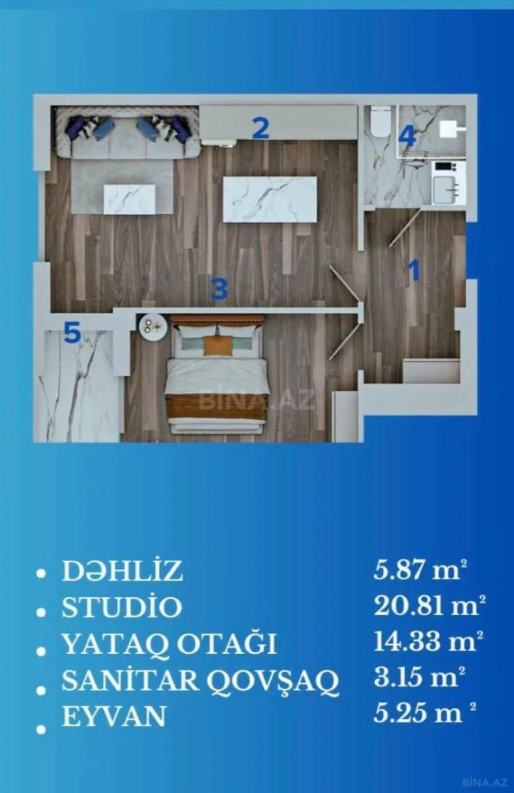Satılır 2 otaqlı mənzil 50 m²