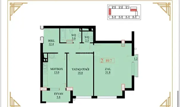 Satılır 2 otaqlı mənzil 89.7 m²