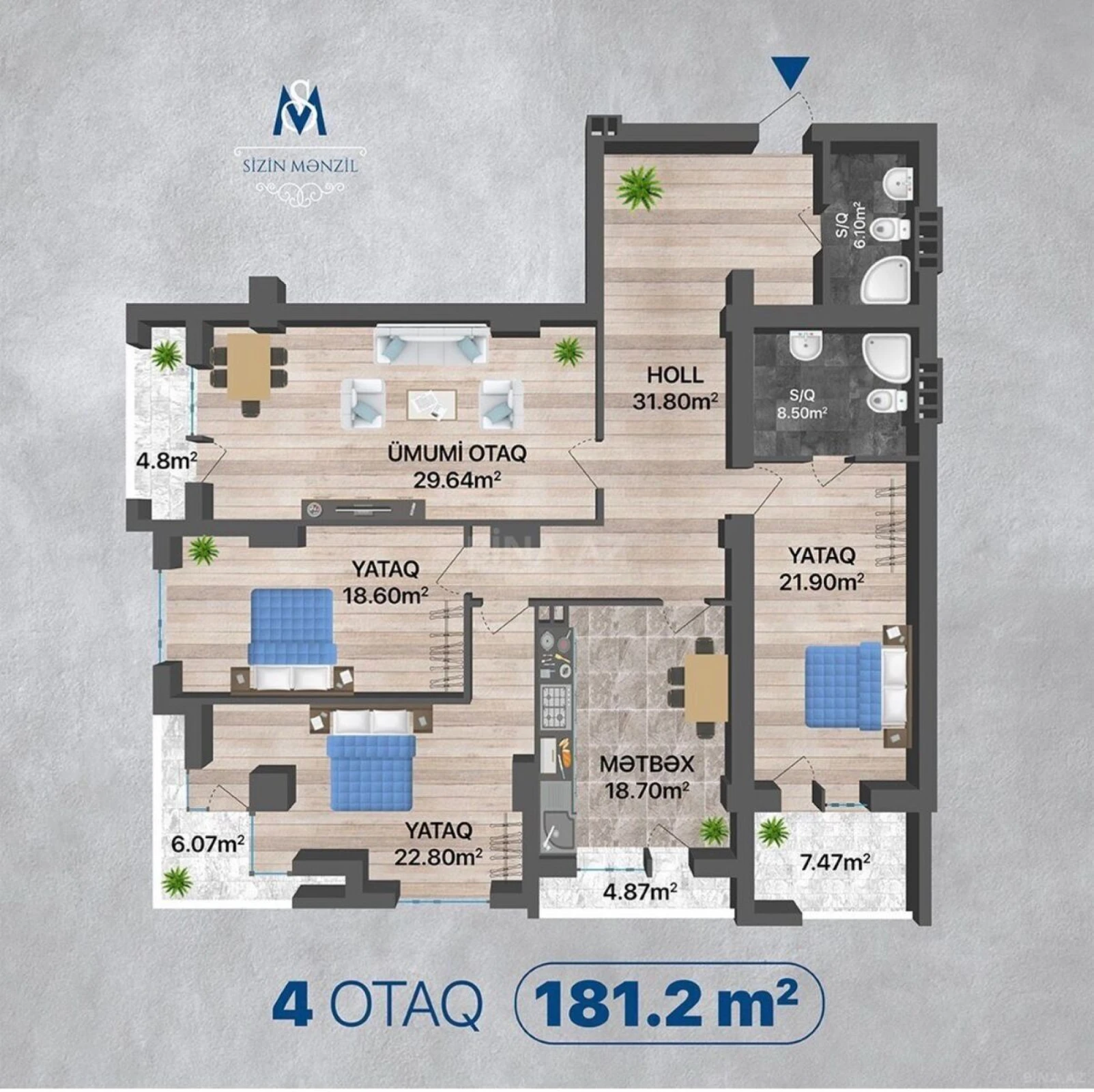 Satılır 4 otaqlı mənzil 182 m²