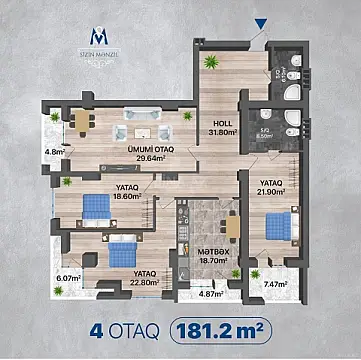 Satılır 4 otaqlı mənzil 182 m²