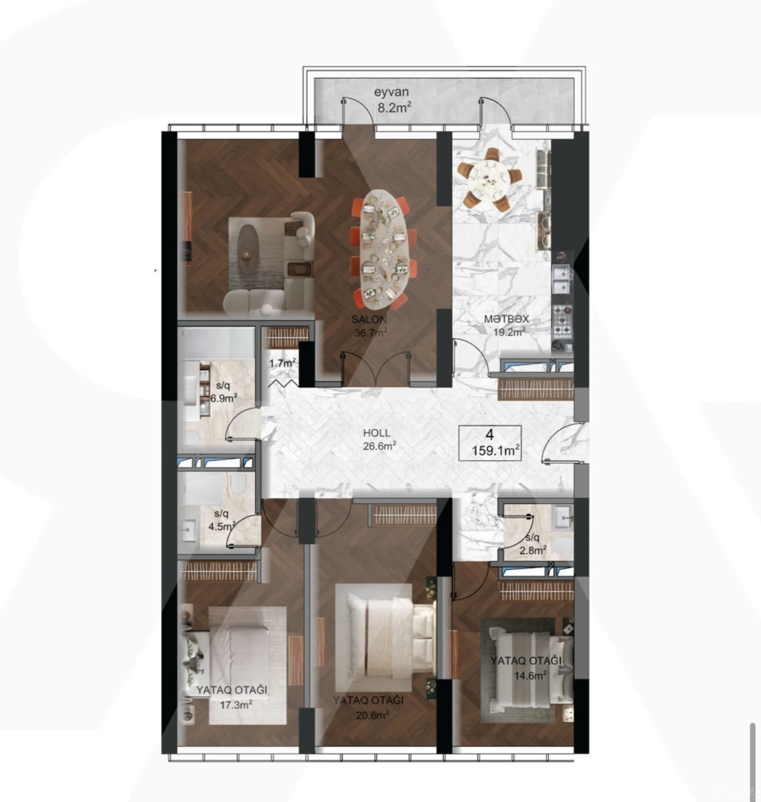Satılır 4 otaqlı mənzil 159.1 m²