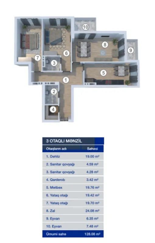 Satılır 3 otaqlı mənzil 128.1 m²