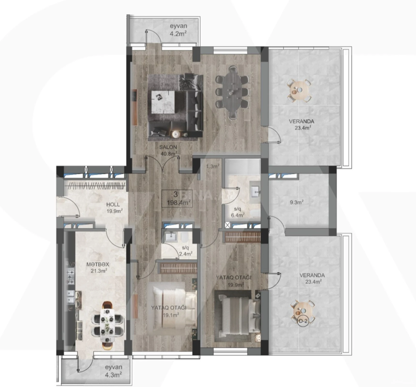 Satılır 3 otaqlı mənzil 198.4 m²