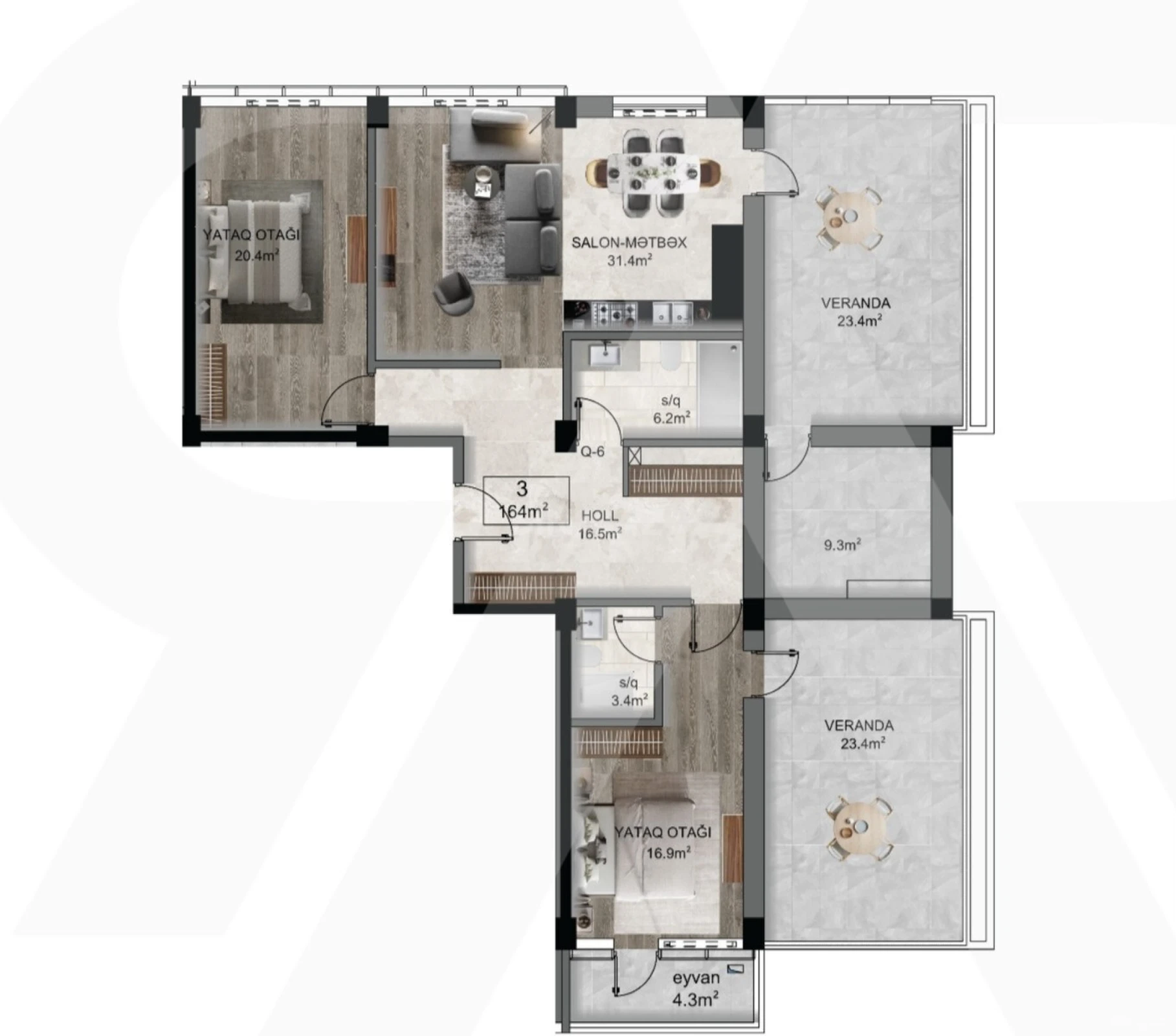Satılır 3 otaqlı mənzil 164 m²