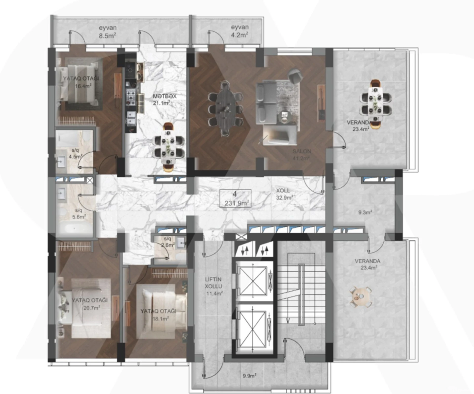 Satılır 4 otaqlı mənzil 231.9 m²