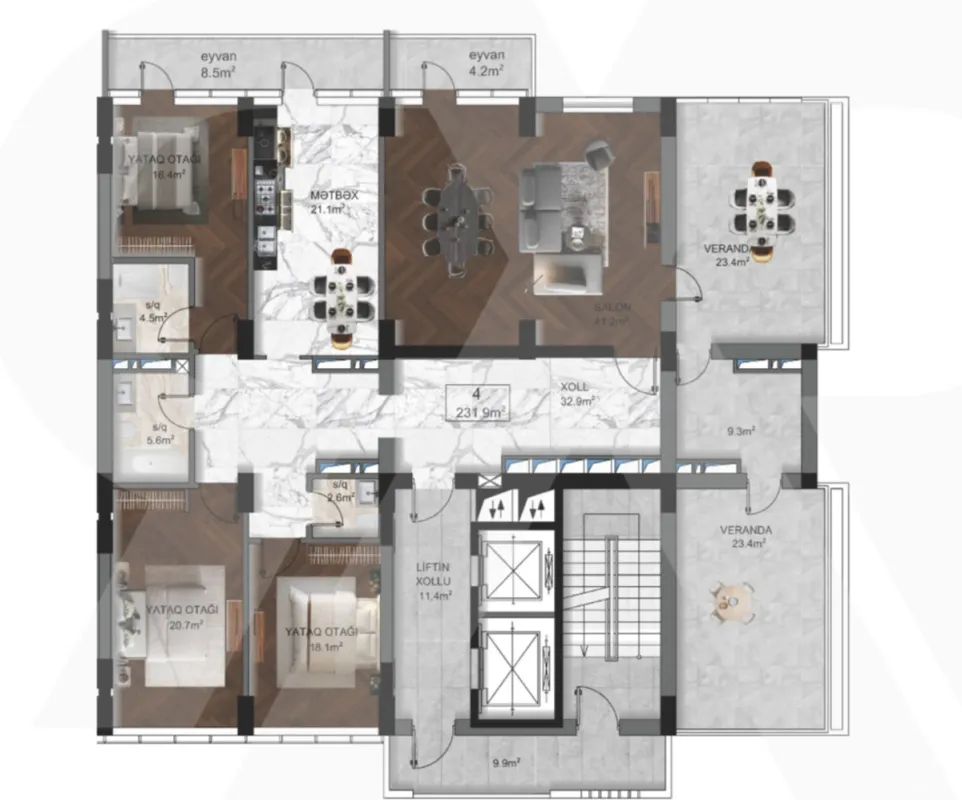 Satılır 4 otaqlı mənzil 231.9 m²