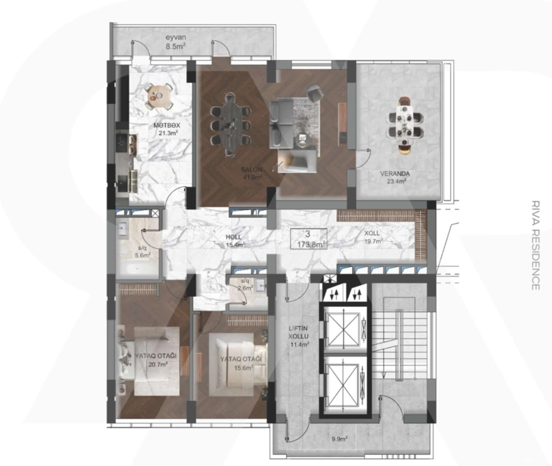 Satılır 3 otaqlı mənzil 173.8 m²
