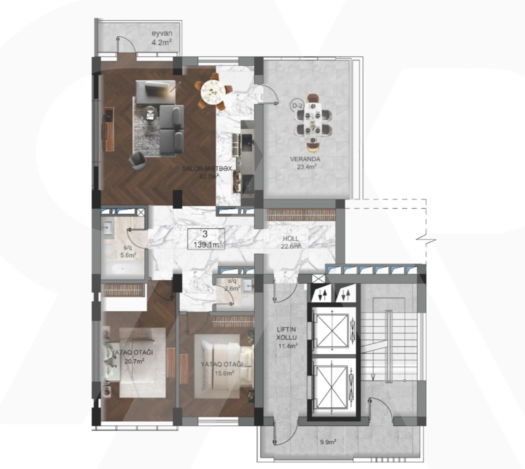 Satılır 3 otaqlı mənzil 139.1 m²