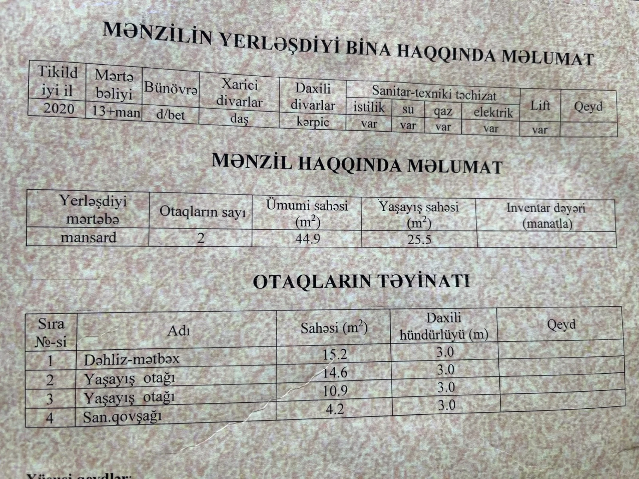 Satılır 2 otaqlı mənzil 44.9 m²