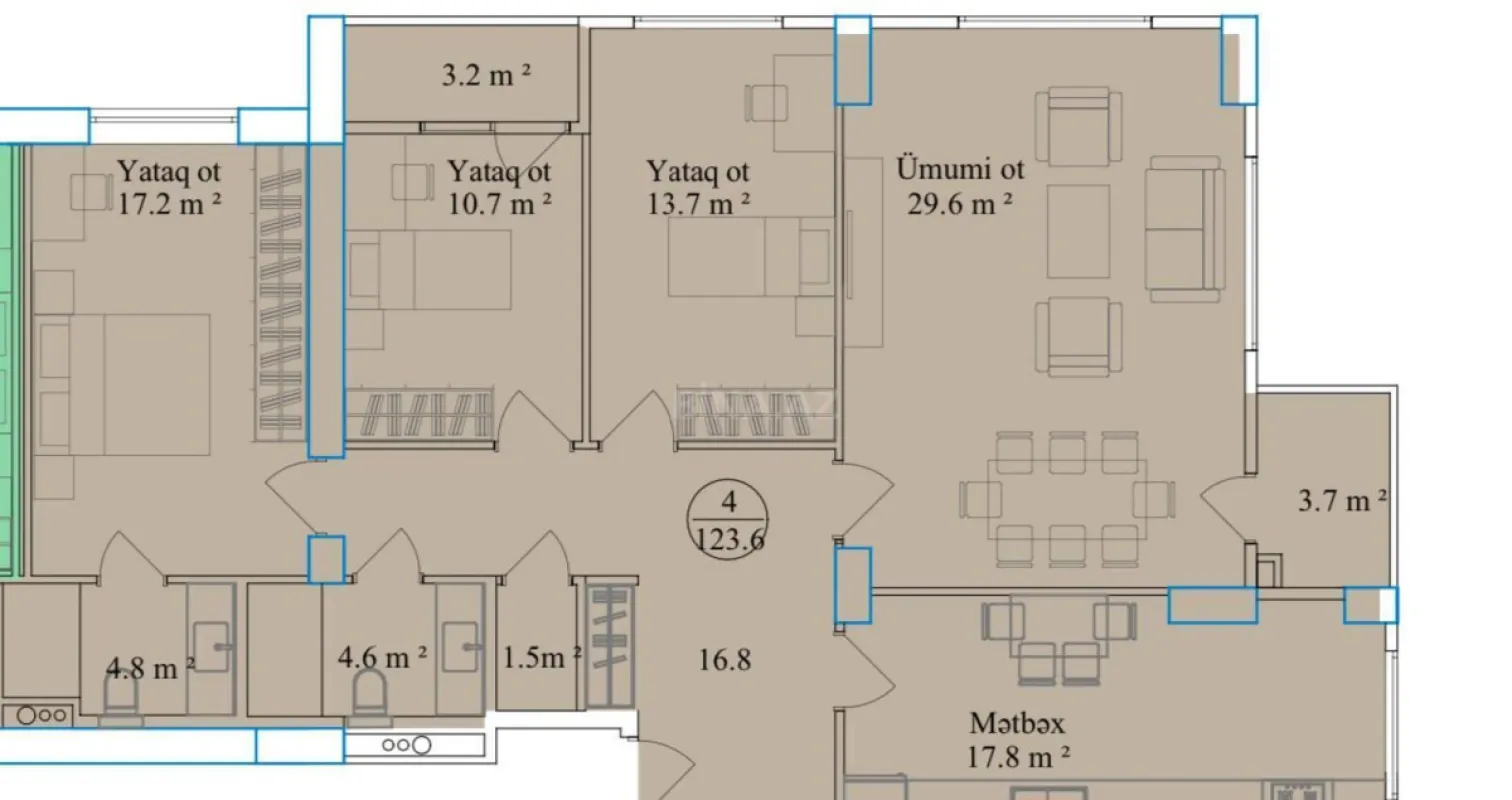 Satılır 4 otaqlı mənzil 123.6 m²