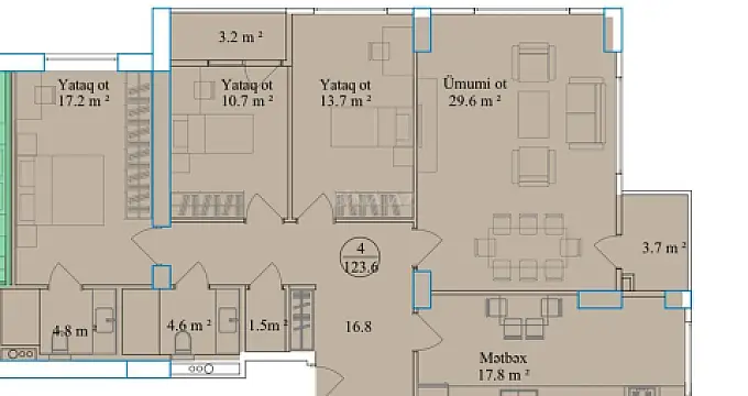 Satılır 4 otaqlı mənzil 123.6 m²