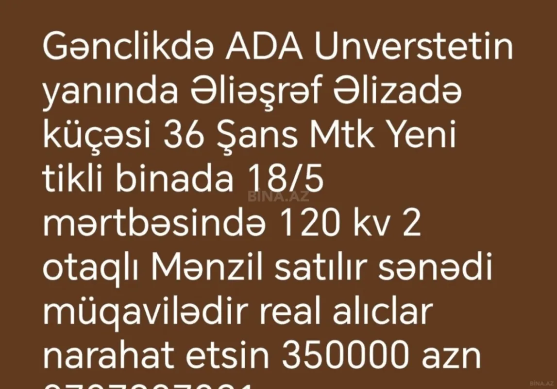 Satılır 2 otaqlı mənzil 120 m²