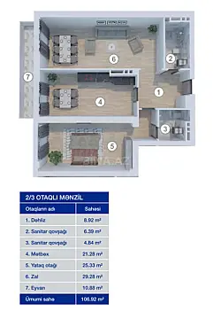 Satılır 2 otaqlı mənzil 106.9 m²