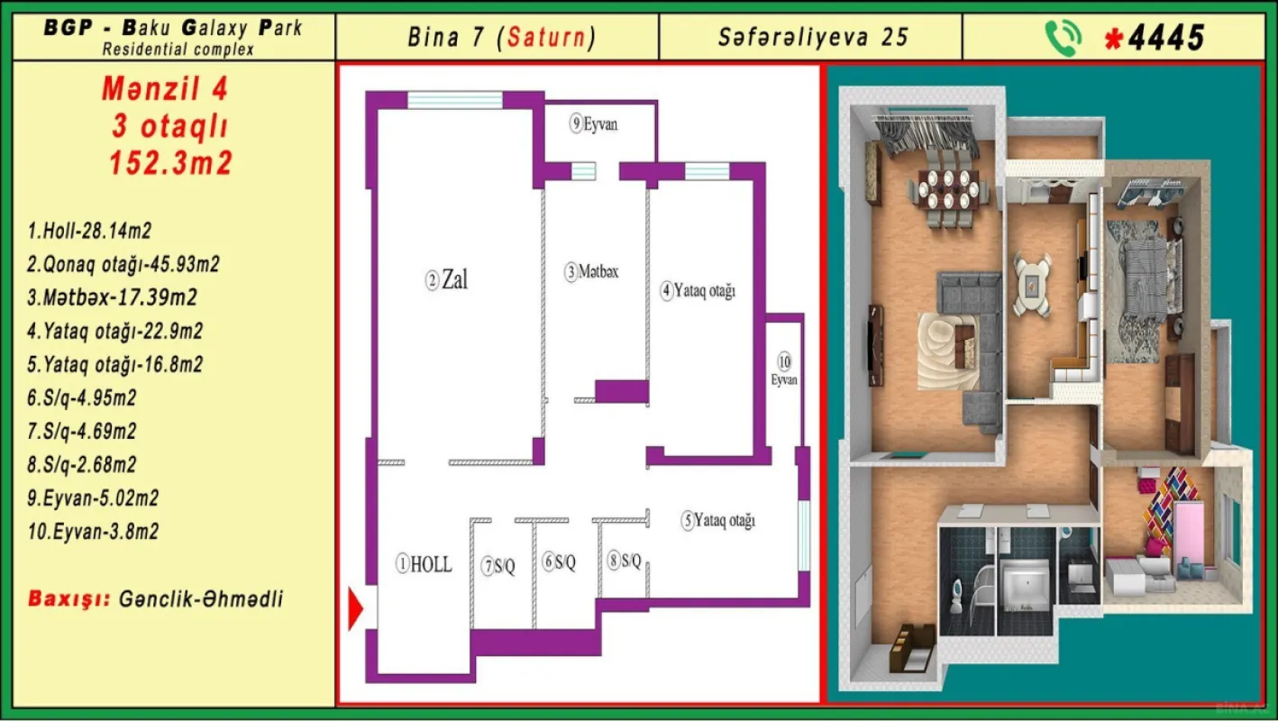Satılır 3 otaqlı mənzil 151 m²