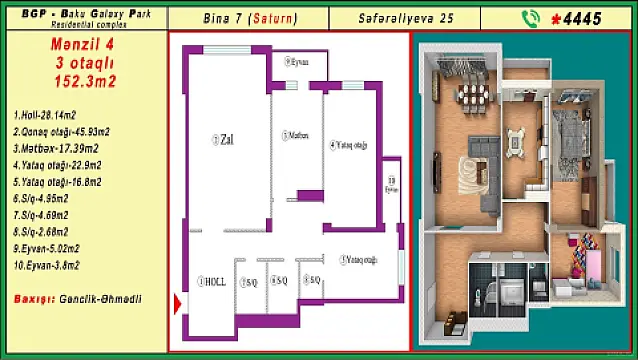 Satılır 3 otaqlı mənzil 151 m²