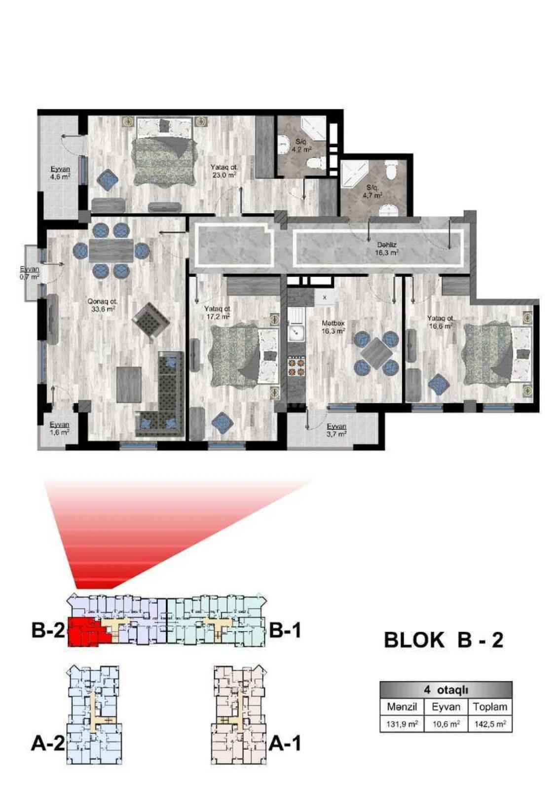 Satılır 4 otaqlı mənzil 142.5 m²