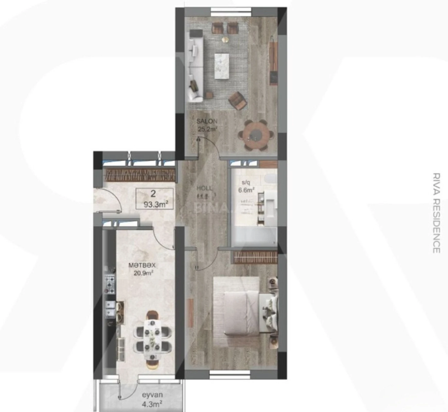 Satılır 2 otaqlı mənzil 93 m²