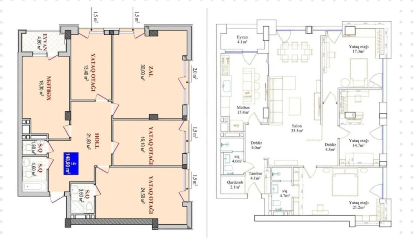 Satılır 4 otaqlı mənzil 150 m²