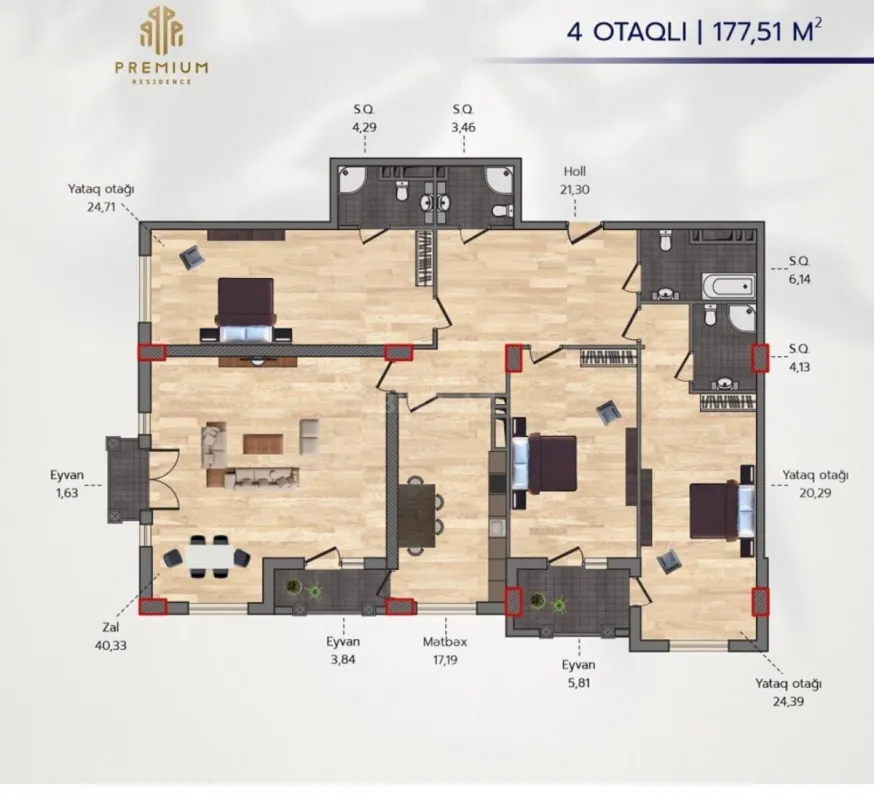 Satılır 4 otaqlı mənzil 178 m²