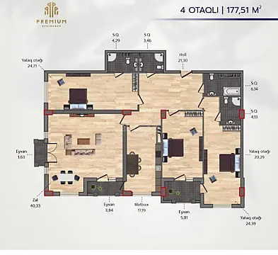 Satılır 4 otaqlı mənzil 178 m²