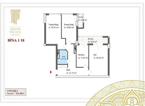 Satılır 3 otaqlı mənzil 121 m²