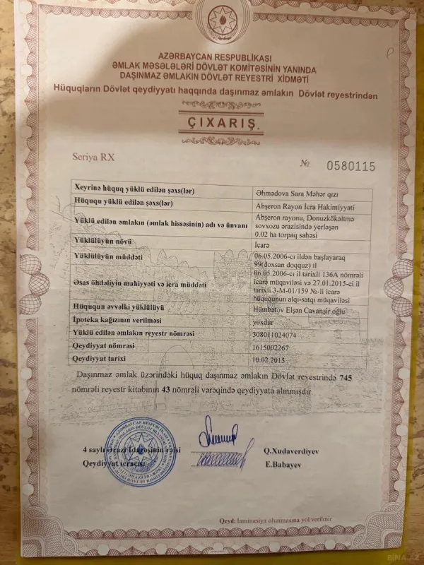 Satılır torpaq sahəsi 2 m²