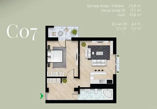 Satılır 1 otaqlı mənzil 67 m²