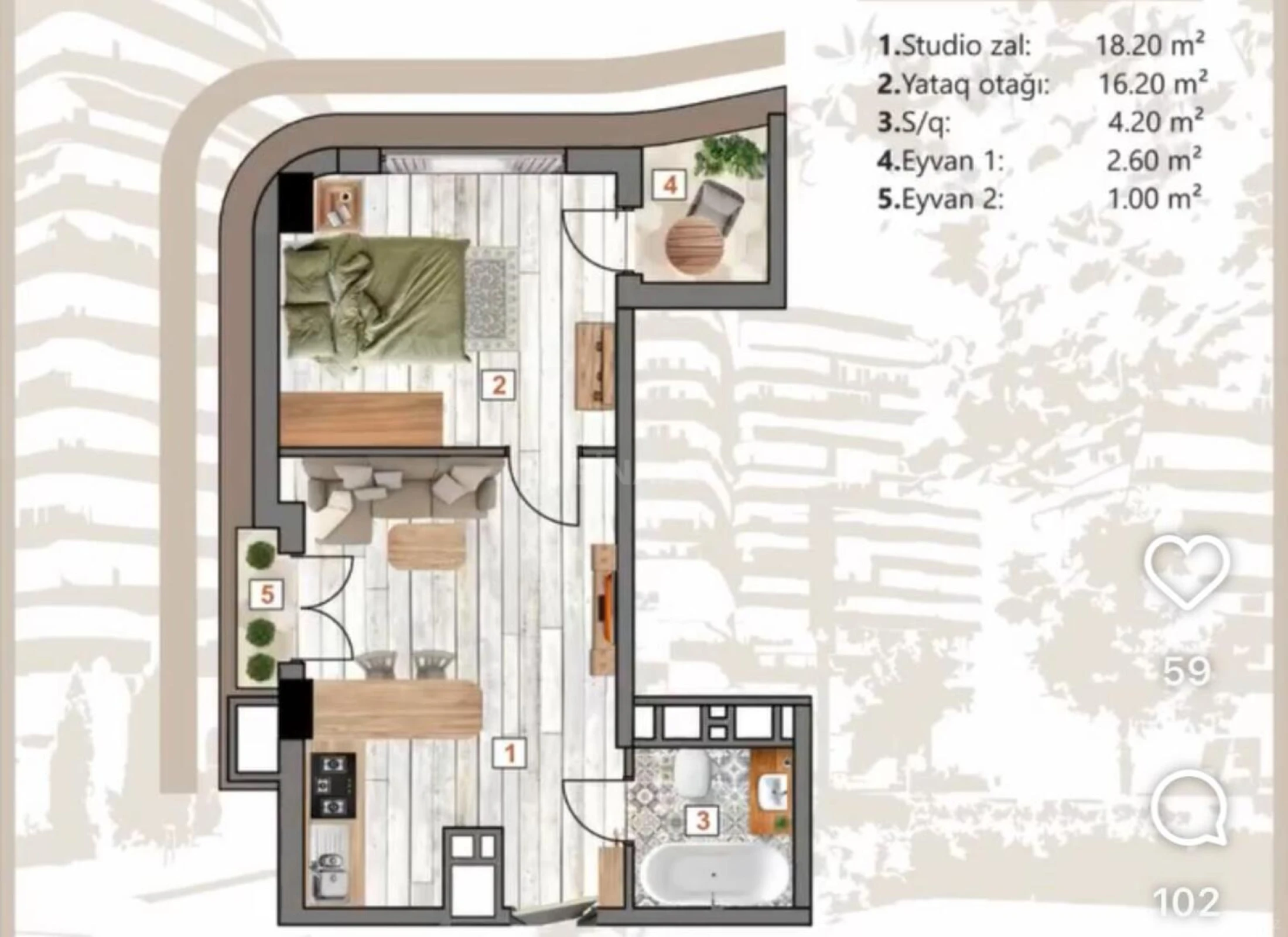 Satılır 1 otaqlı mənzil 42.2 m²