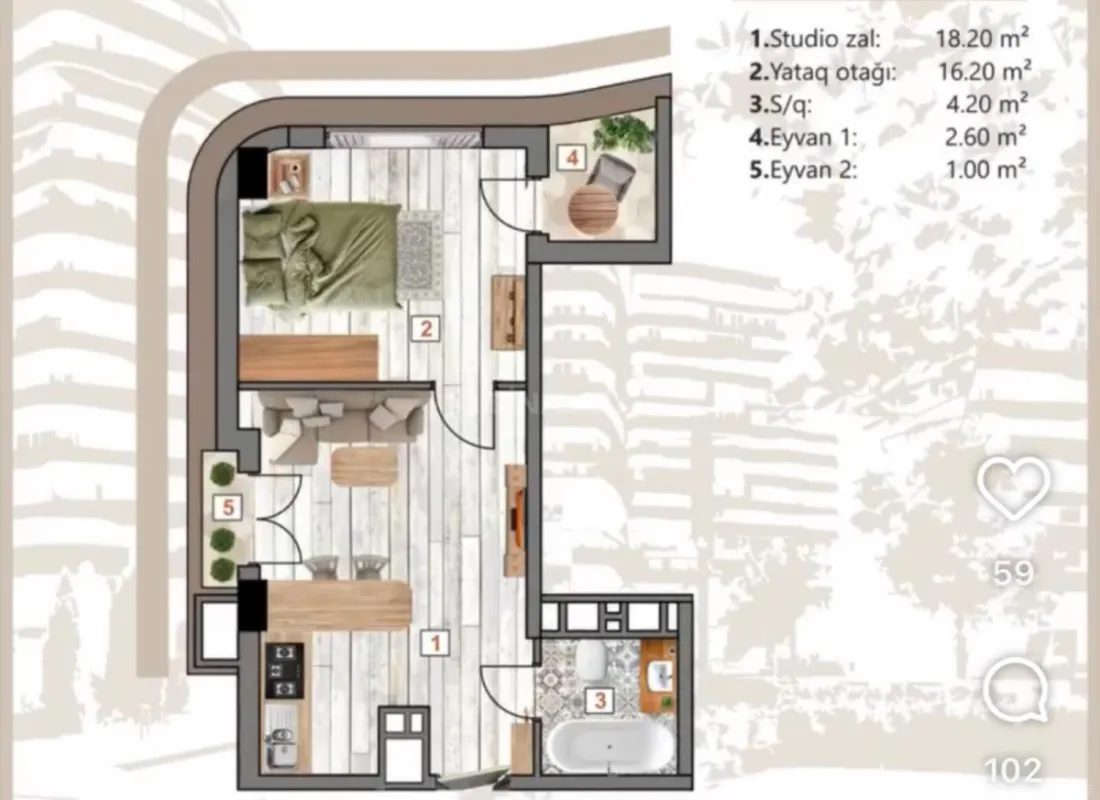Satılır 1 otaqlı mənzil 42.2 m²