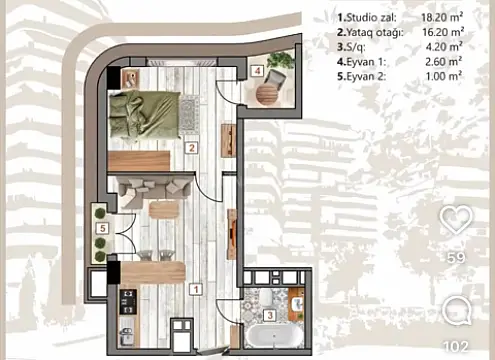 Satılır 1 otaqlı mənzil 42.2 m²