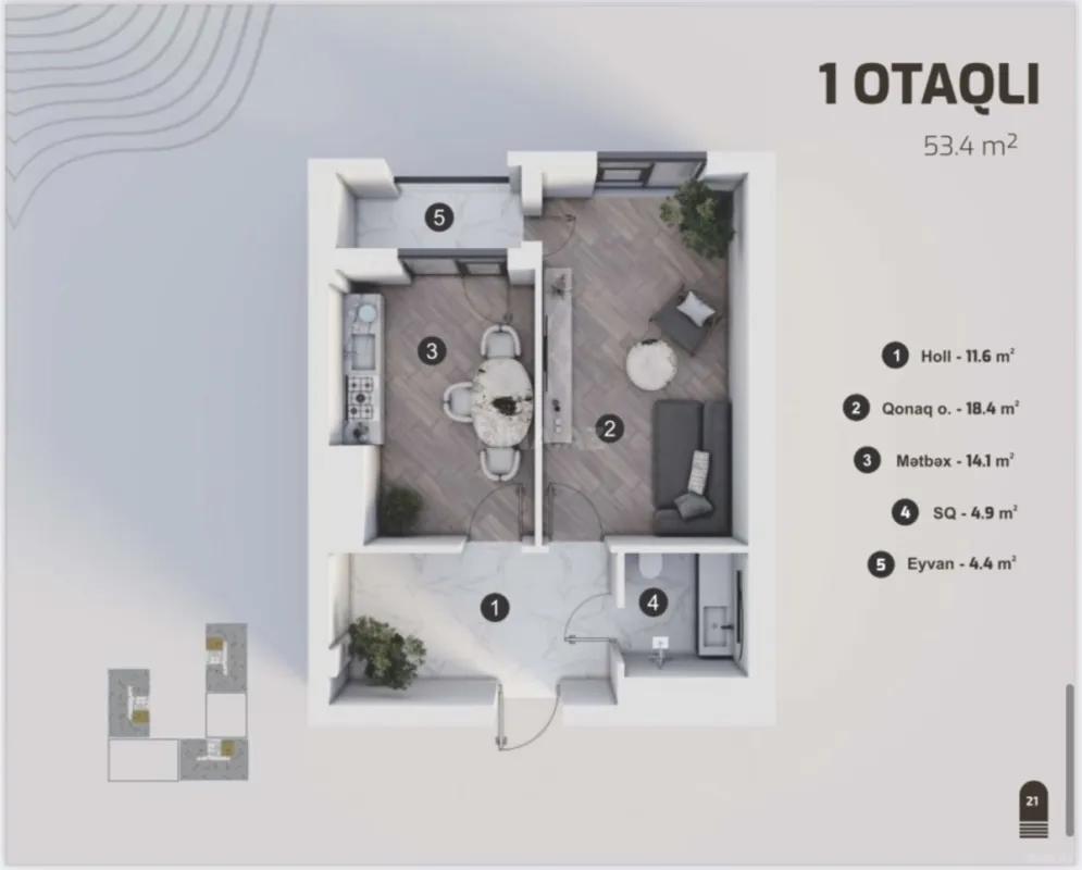 Satılır 1 otaqlı mənzil 53.4 m²