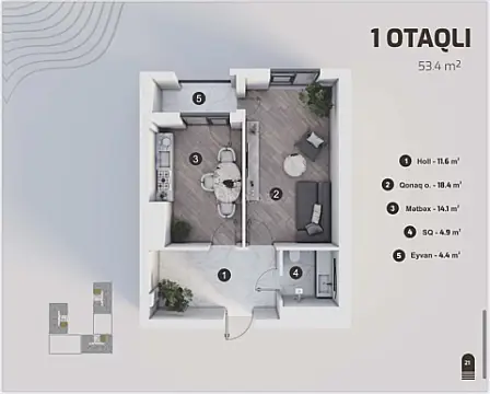 Satılır 1 otaqlı mənzil 53.4 m²