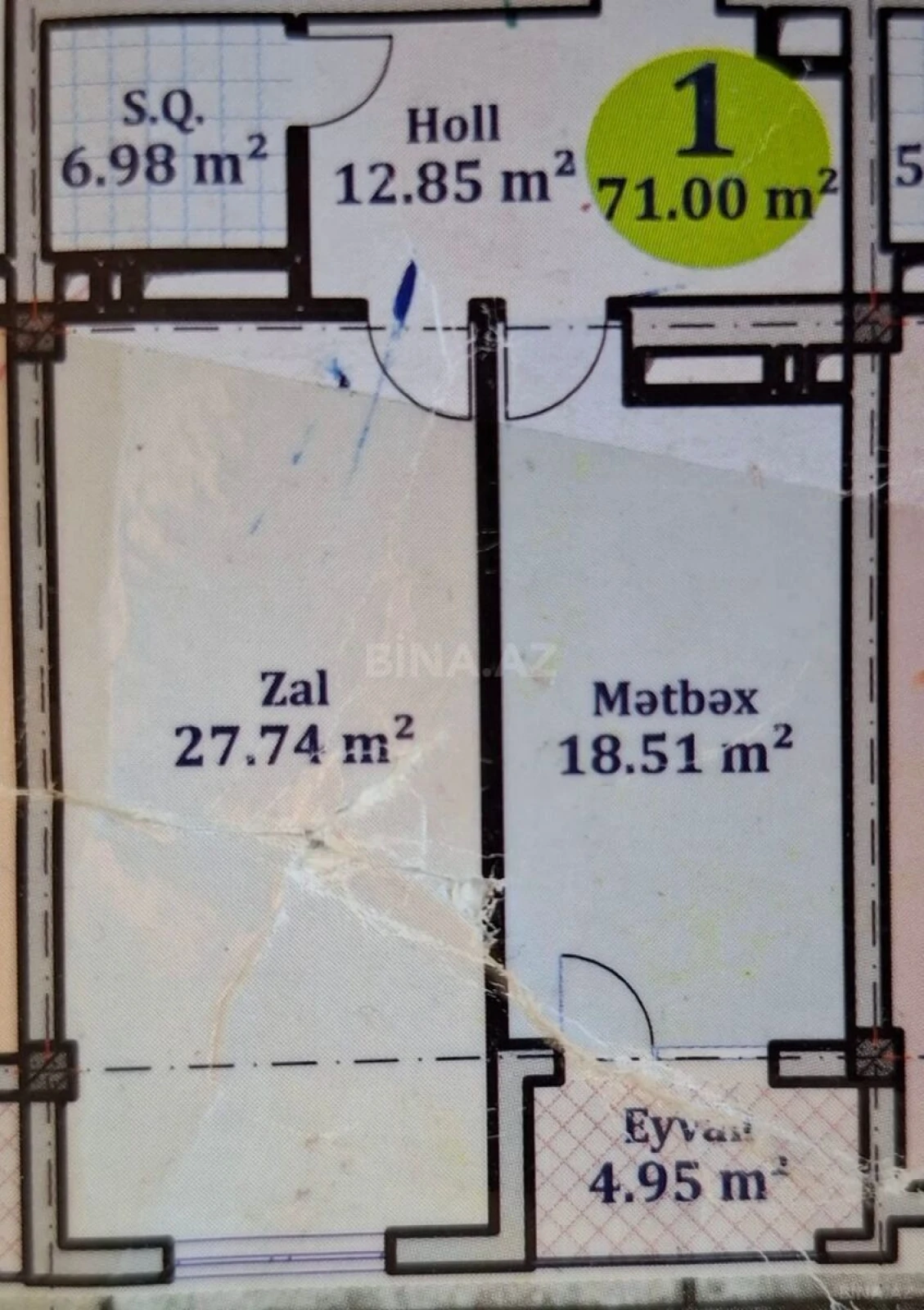 Satılır 1 otaqlı mənzil 71 m²