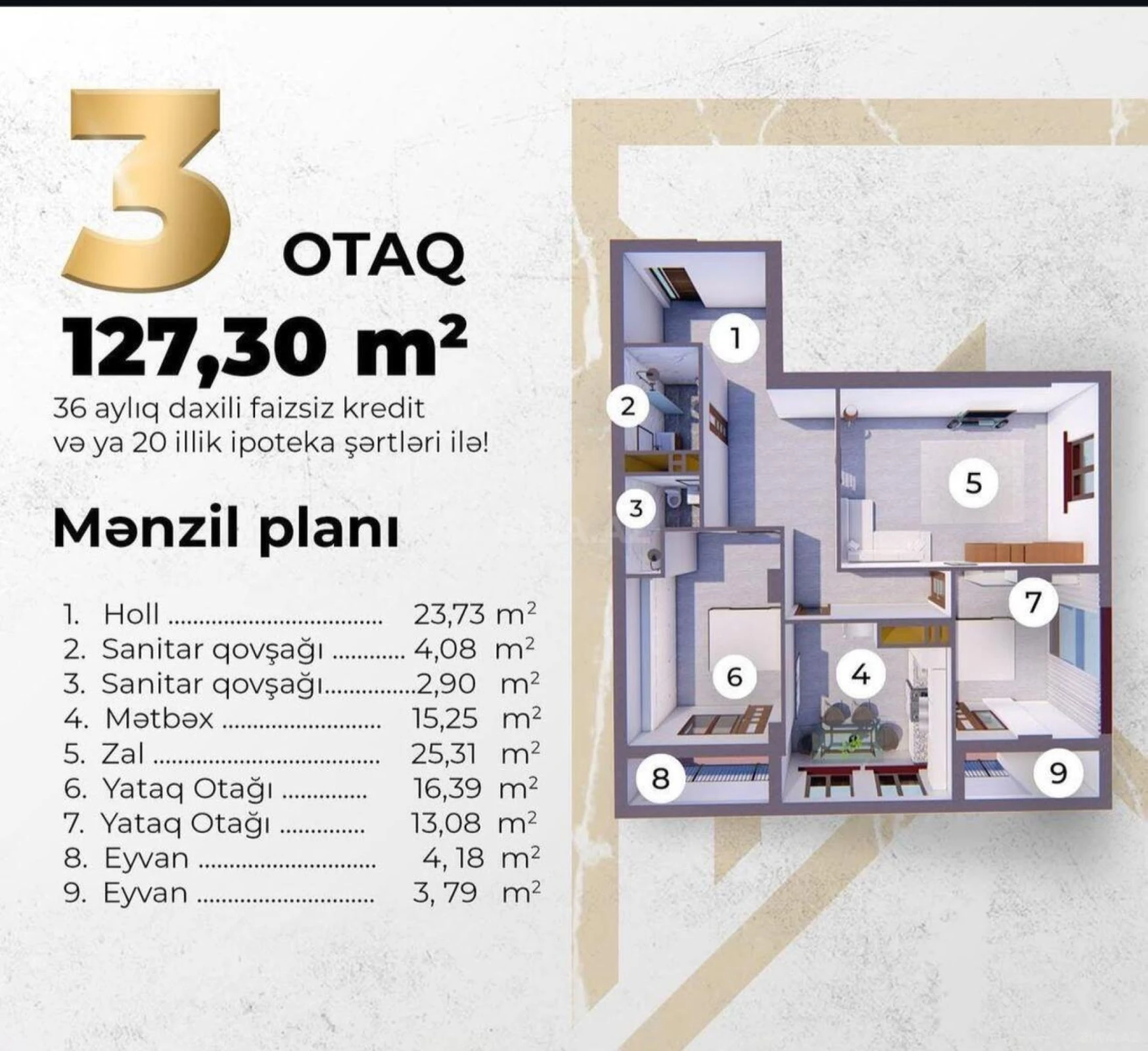 Satılır 3 otaqlı mənzil 127 m²