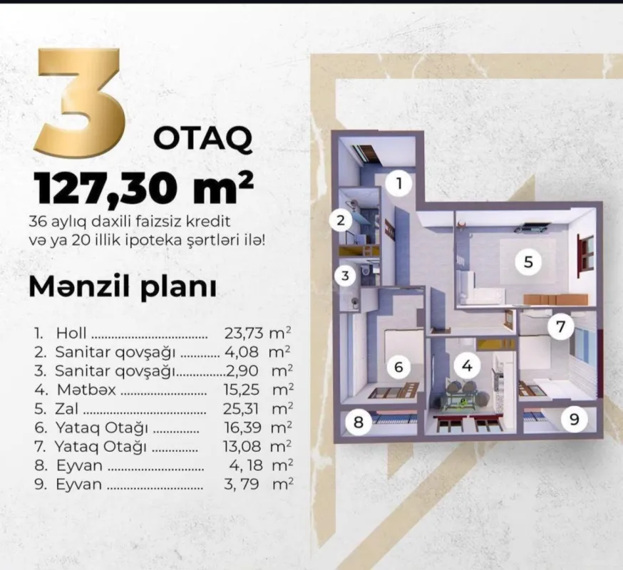 Satılır 3 otaqlı mənzil 127 m²