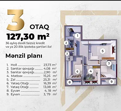 Satılır 3 otaqlı mənzil 127 m²
