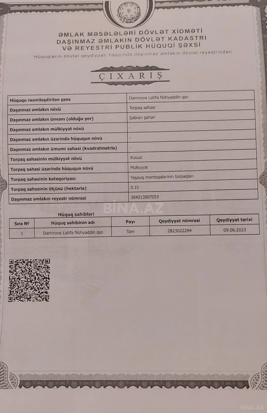 Satılır torpaq sahəsi 10 m²