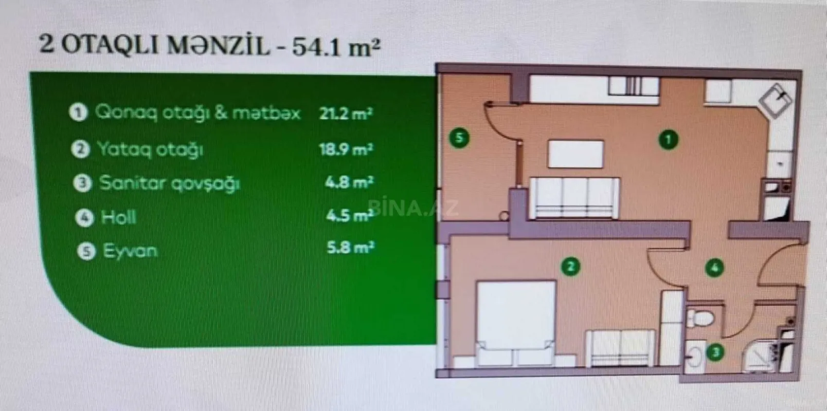Satılır 2 otaqlı mənzil 55 m²