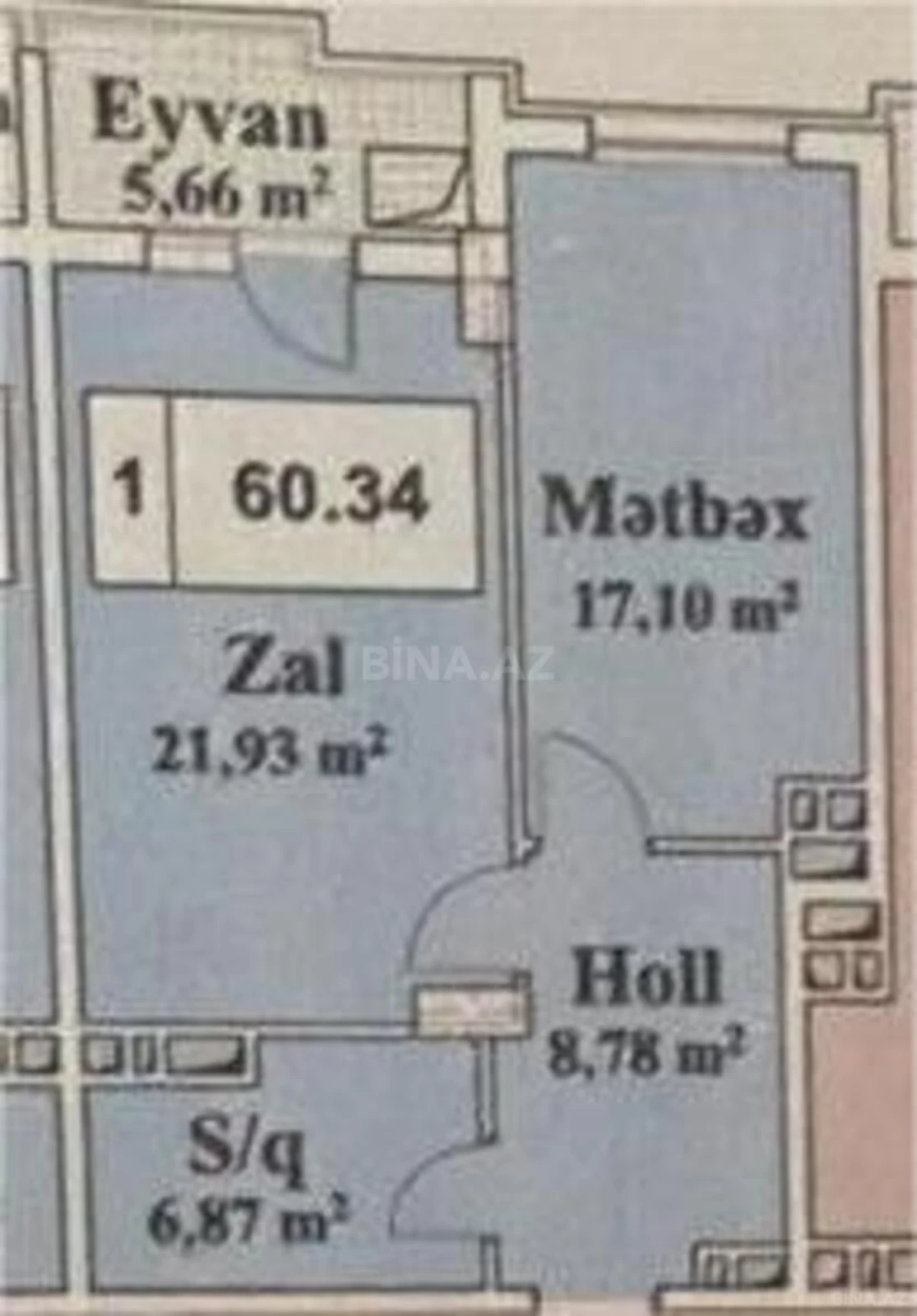 Satılır 1 otaqlı mənzil 60.3 m²