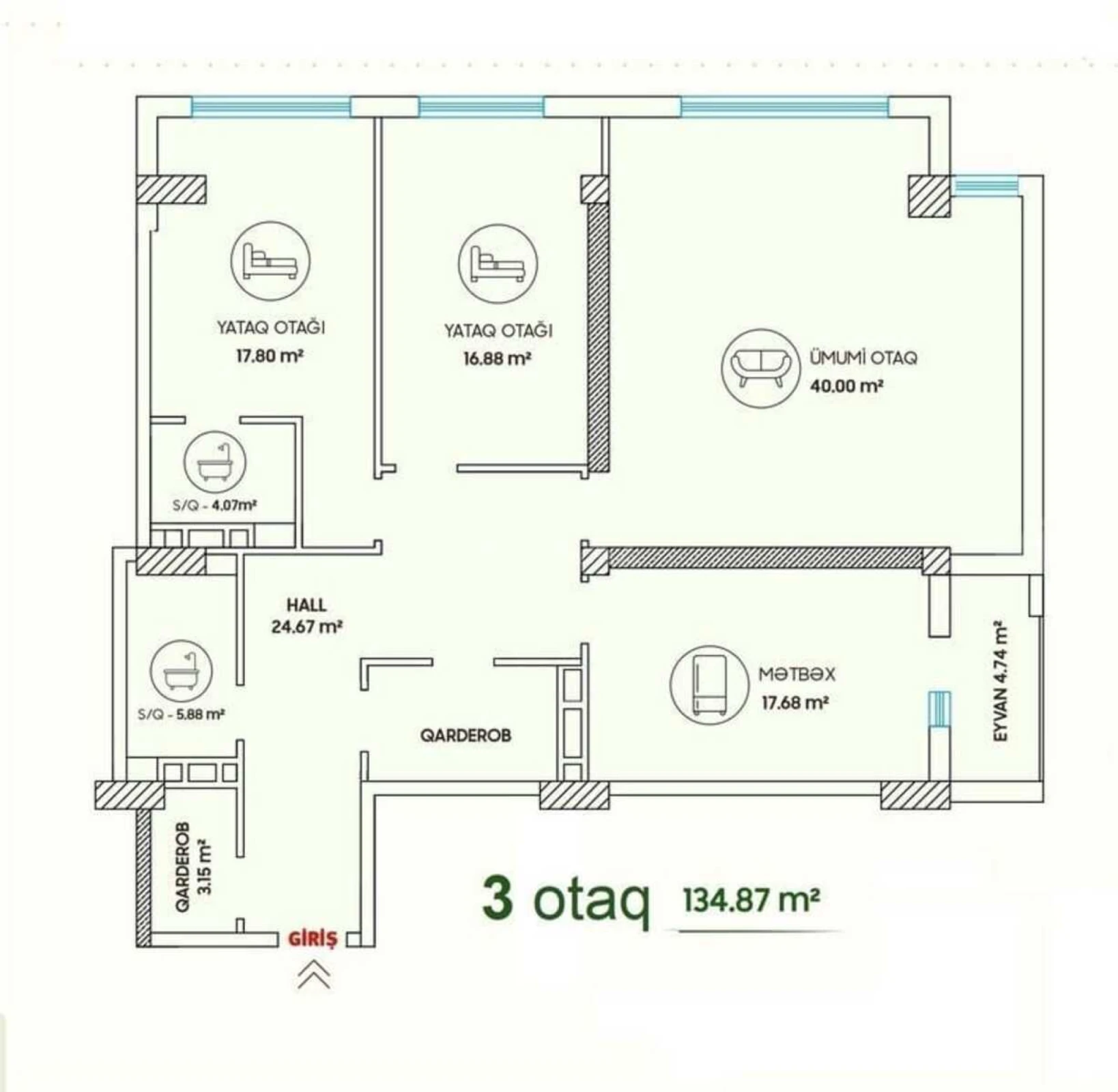 Satılır 3 otaqlı mənzil 135 m²